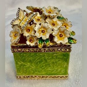 Ciel Swarovski Crystal Enamel Flower Basket Trinket Box Butterfly Hinged Jewelry